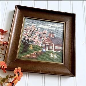 Vintage Needlepoint Cottage Scene Schoolhouse Framed Petit Point Cottagecore